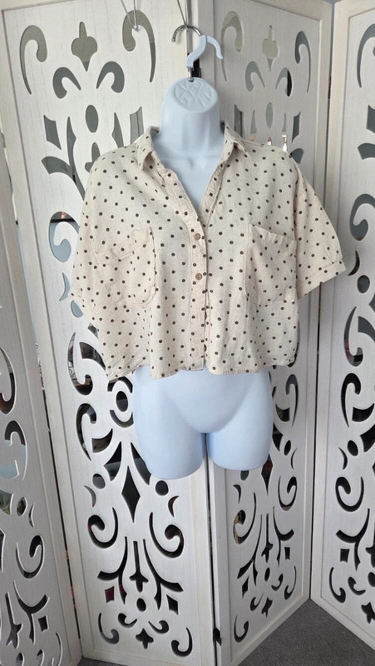 Fashion Nova XL Linen Blend Polka Dot Button Down Shirt Oversized Boho Cream